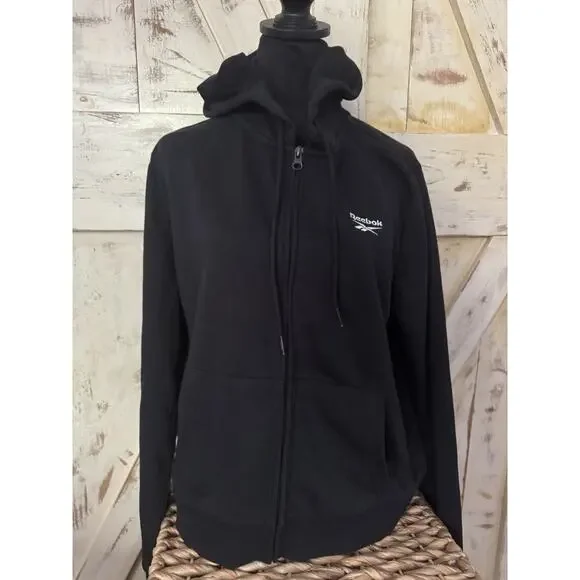 NWT REEBOK Women's Logo Drawstring Hoody Fleece Full Zip | Black | LARGE - Picture 1 of 6